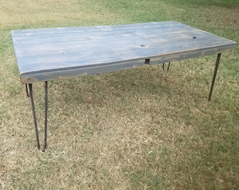 Reclaimed Wood Coffee Table or Desk on Hairpin Legs - The "Wheeler" - Rustic, Modern, Mid Century, Graywash