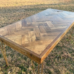 Reclaimed Wood Herringbone Dining Table on Gold Hairpin Legs - The Goddess