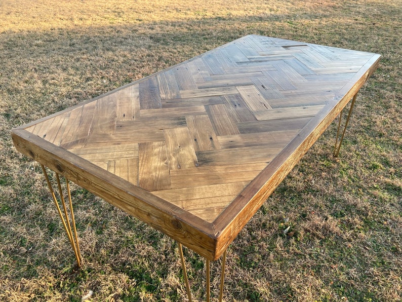 Reclaimed Wood Herringbone Dining Table on Gold Hairpin Legs Etsy