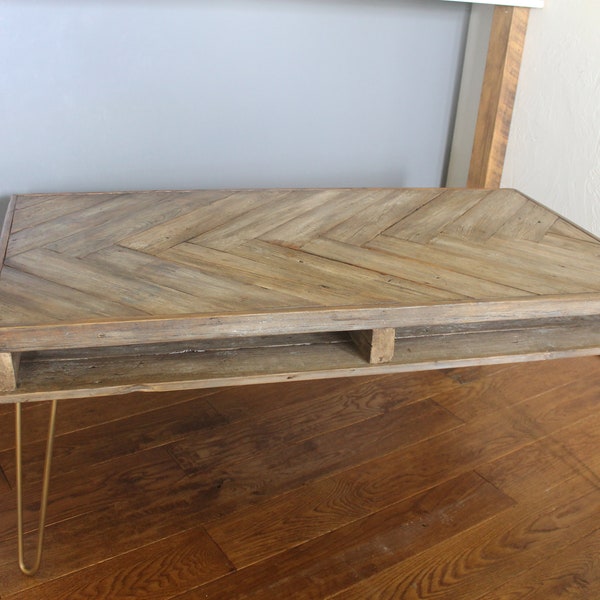 Herringbone Reclaimed Wood Coffee Table on Hairpin Legs with  Cubby Hole, Whitewash Finish - Mid Century, Rustic, Modern, Pallet Style