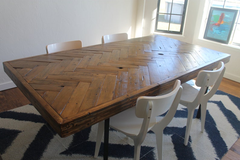 Herringbone Reclaimed Wood Dining Table Made to Order, Farmhouse, Chevron image 1