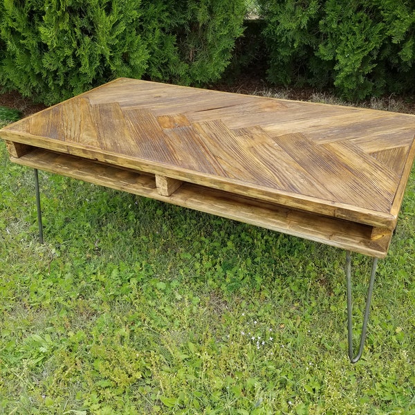 Herringbone Reclaimed Wood Coffee Table on Hairpin Legs with Cubby Hole - Mid Century, Rustic, Modern, Storage, Pallet Style