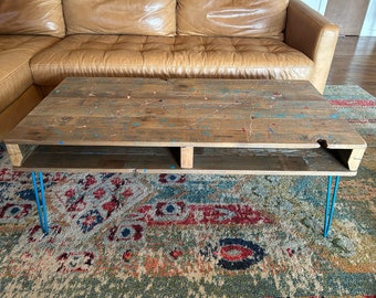 Reclaimed Wood Coffee Table – Teal Hairpin Legs, Color Splash, Pallet Cubby