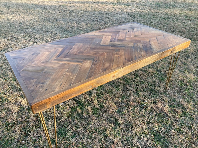 Reclaimed Wood Herringbone Dining Table on Gold Hairpin Legs Etsy