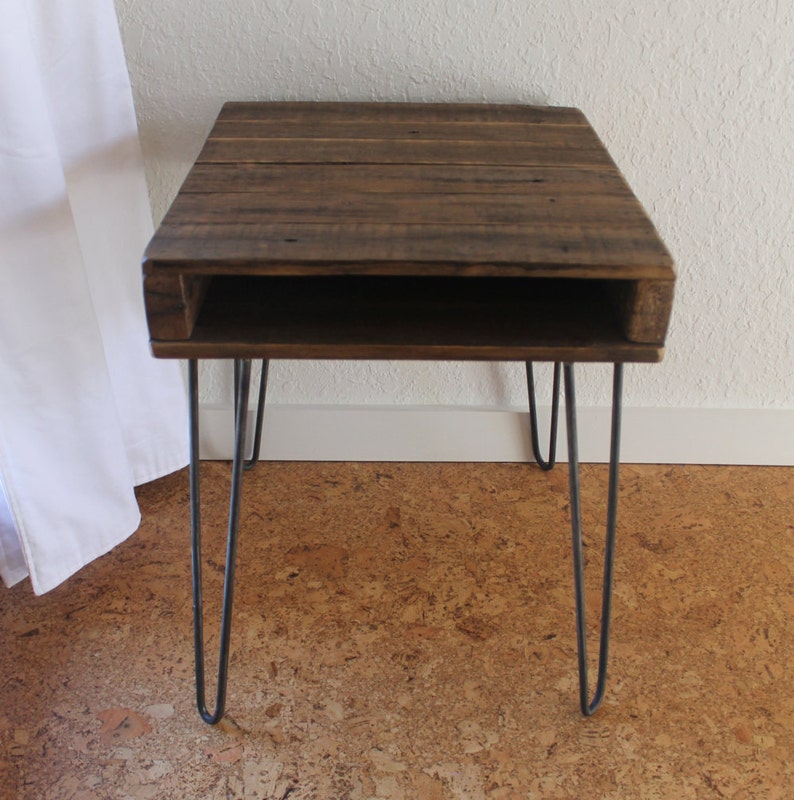 Reclaimed Wood Side Table On Hairpin Legs The Newton Mid Century Rustic Storage Cubby Pallet