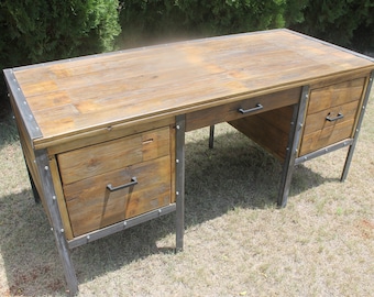 Reclaimed Wood Desk on Iron Angle  Legs with Drawers (3 or 5) - The "Miller" - Mid Century, Farmhouse, Storage, File Cabinet, Industrial