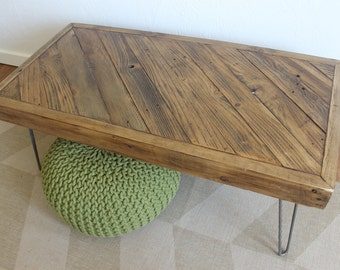 Half Chevron Reclaimed Wood Coffee Table on Hairpin Legs, Rustic, Mid Century, Modern, Industrial
