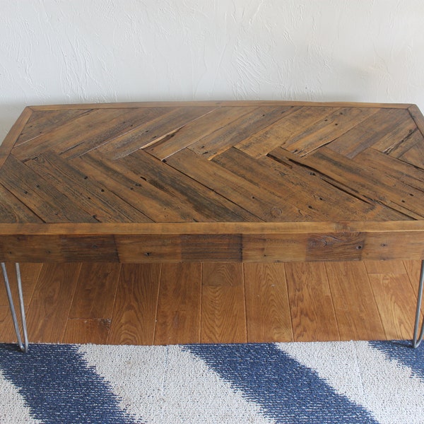 Herringbone Reclaimed Wood Coffee Table on Hairpin Legs - Mid Century, Rustic, Modern