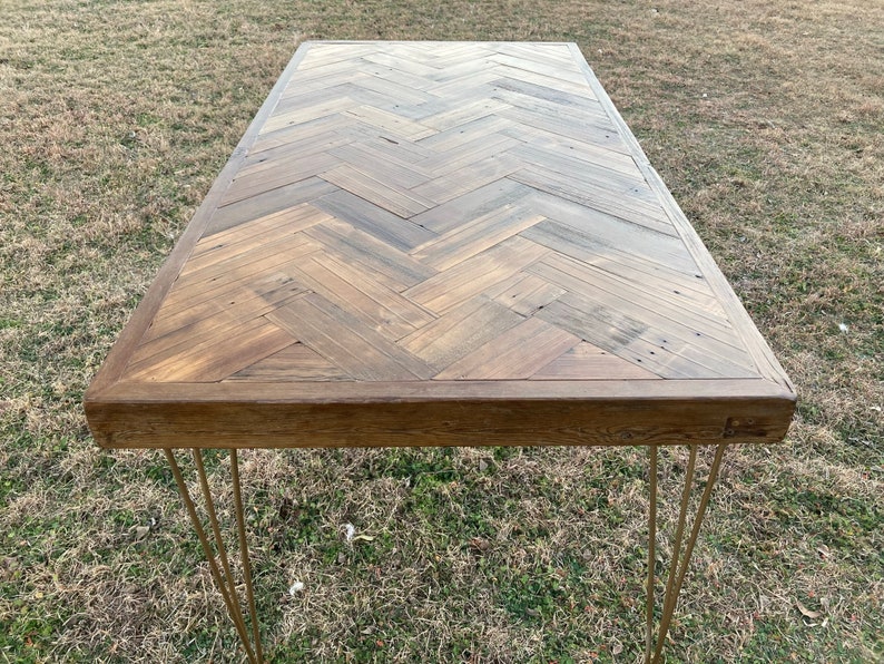 Reclaimed Wood Herringbone Dining Table on Gold Hairpin Legs Etsy