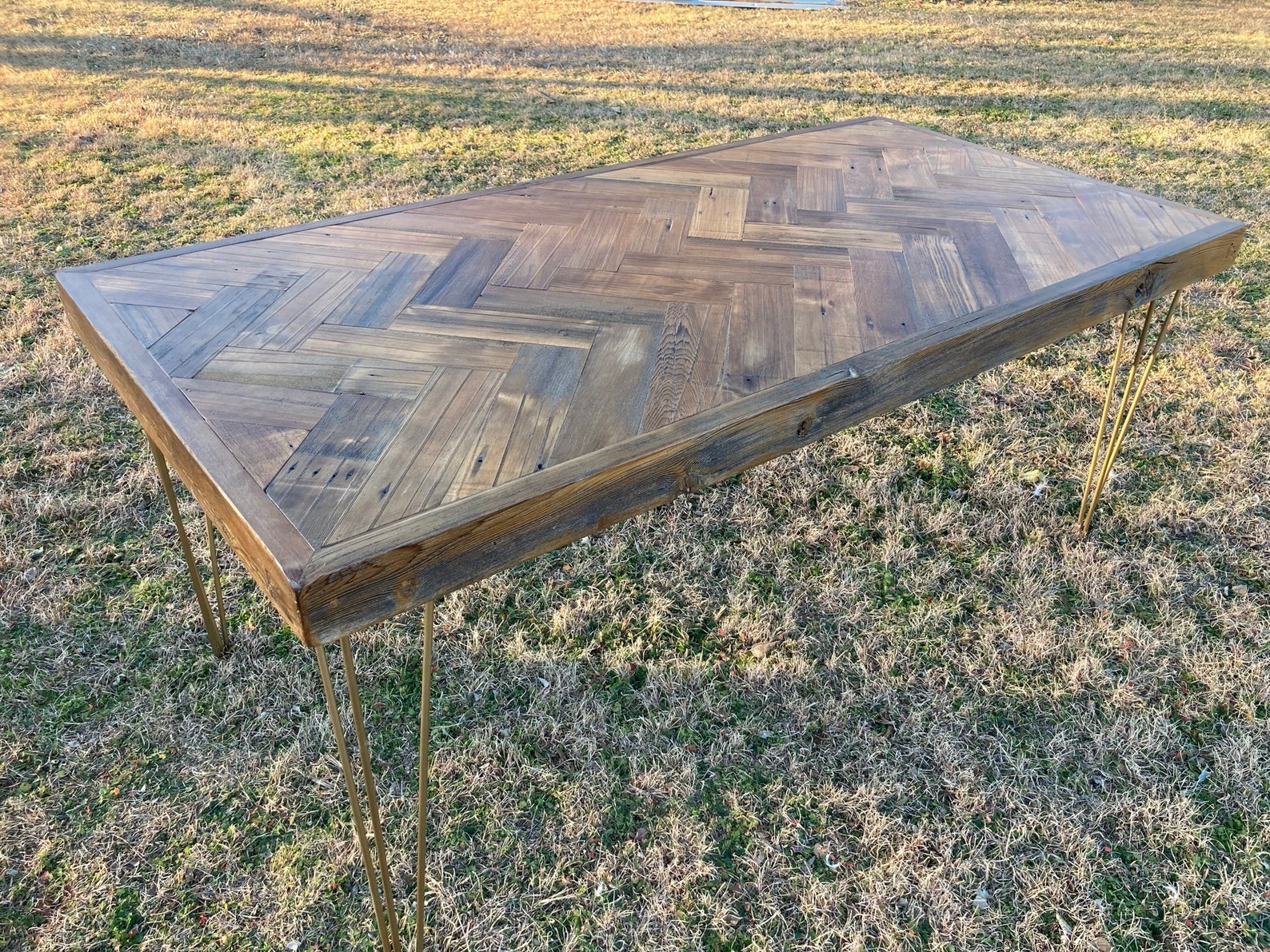 Reclaimed Wood Herringbone Dining Table on Gold Hairpin Legs | Etsy