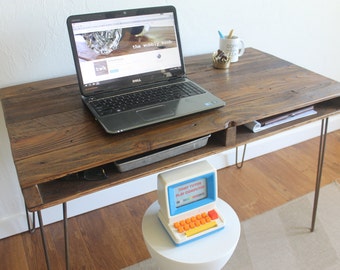 Reclaimed Wood Desk with Hairpin Legs, Handmade Mid-Century Style