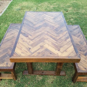 Farmhouse Reclaimed Wood Herringbone Dining Table & Benches Set ...