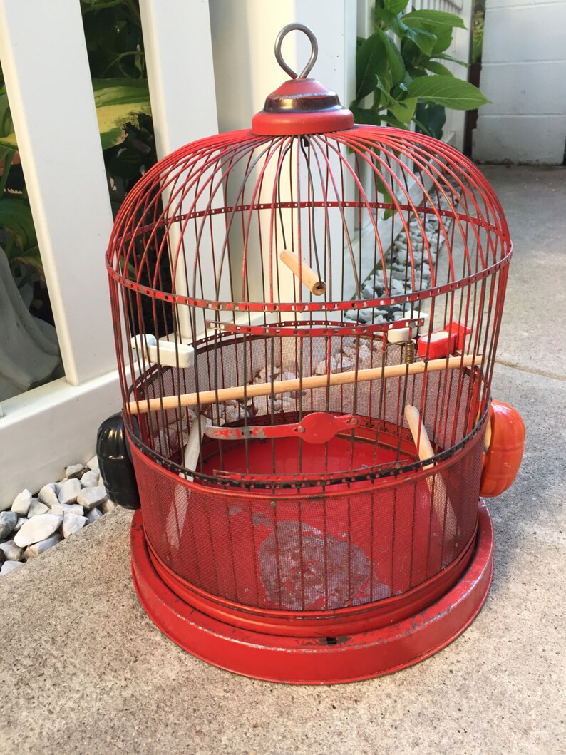 Antique Red Bird Cage with Porcelain Feeders Etsy