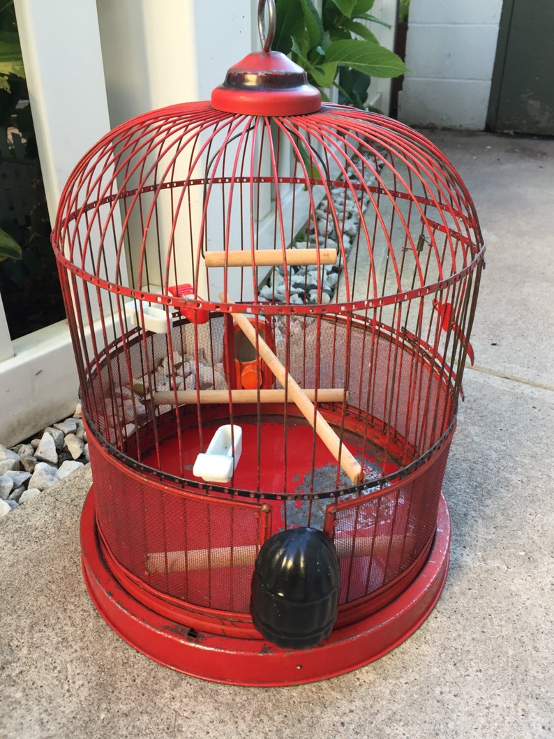 Antique Red Bird Cage with Porcelain Feeders Etsy