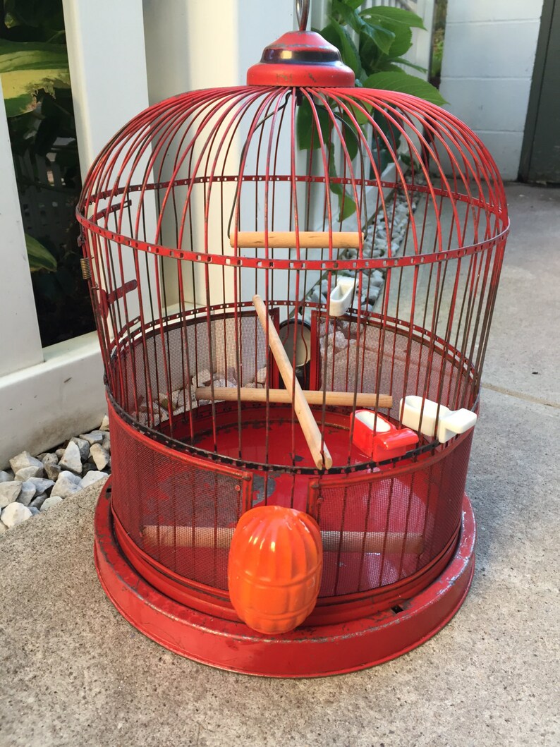 Antique Red Bird Cage with Porcelain Feeders Etsy