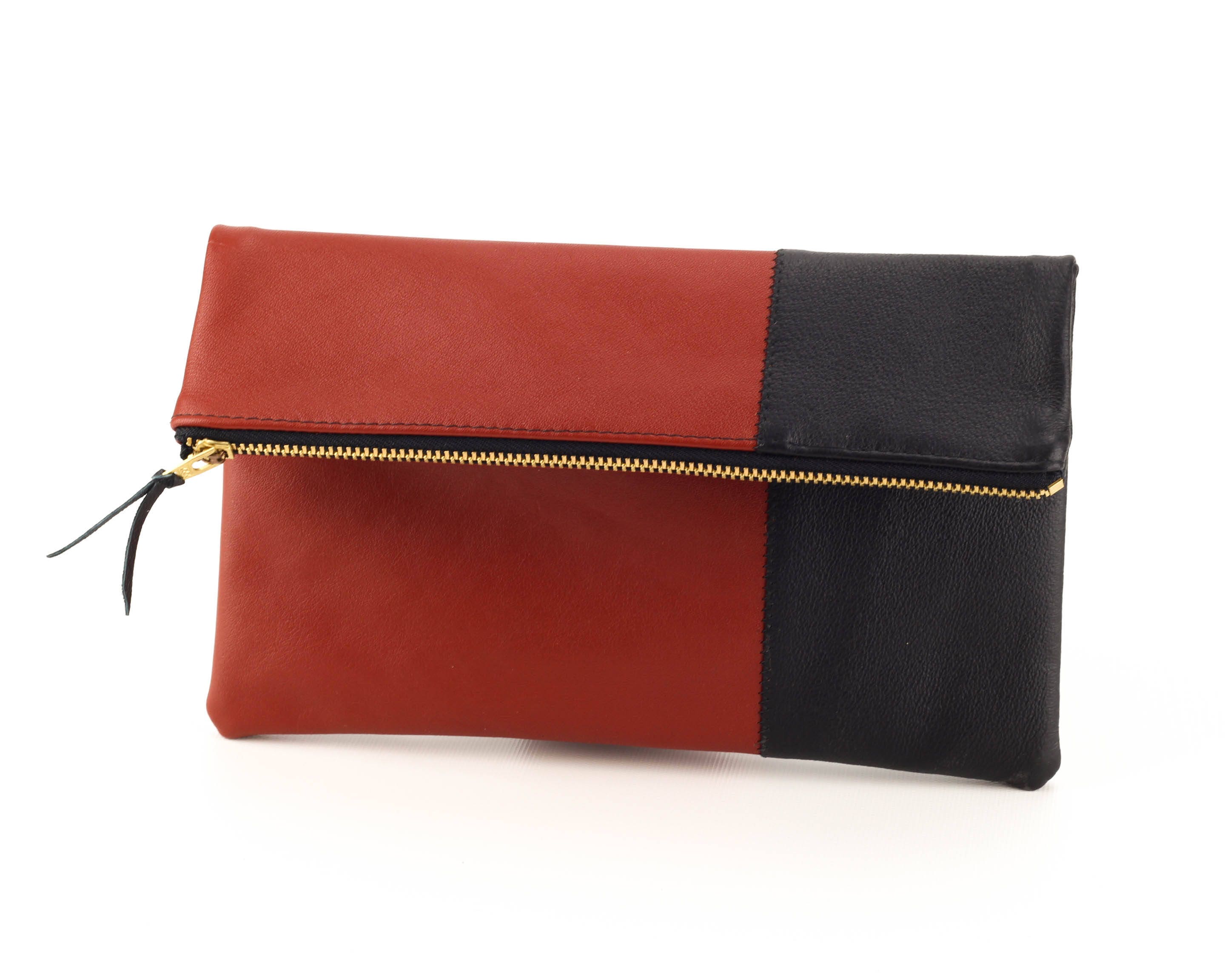 Leather Clutch Purse Foldover Leather Zipper Purse Upcycled Etsy