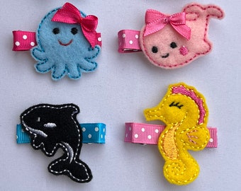 Sea Life Animals Clippies - Pink Whale - Star Fish- Turtle - Octopus - Orca whale - Crab - Embroidered Felt Clippies - Toddler Clips - Clips