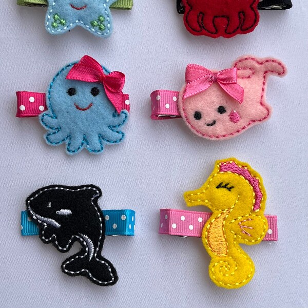 Sea Life Animals Clippies - Pink Whale - Star Fish- Turtle - Octopus - Orca whale - Crab - Embroidered Felt Clippies - Toddler Clips - Clips