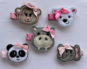 More Zoo Animal Felt Clippies  - Panda Clippie - Hippo Clippie - Monkey Clippie - Polar Bear Clippie - Elephant Clippies - Toddler clips