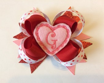 Valentine Felt Initial Embroidered Loopy Bow - Valentine's Day Hairbow - Valentine - Valentines Day - Heart Feltie - Initial Bow - Glitter