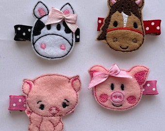 Farm Animal Felt Clippie - Cow - Pig - Horse - Cow clippie -  Pig Clippie - Horse Clippies- Toddler Clips - Animal Felties - animal clips