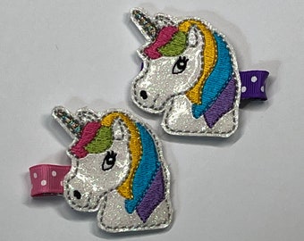 Felt Unicorn clip - Unicorn and Rainbows - Embroidered Unicorn - Unicorn Bows - Rainbows Hairbows for Girls - Toddle Clips - Unicorns