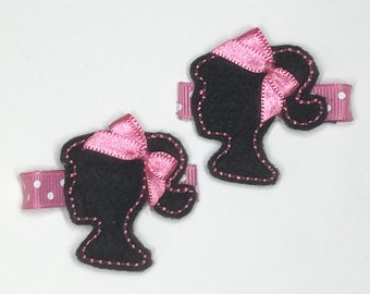 Silhouette Girl Clippies - Clips - Birthday Bow - girl feltie - Character feltie -  Hairbow - Embroidered girl feltie - Inspired Clips