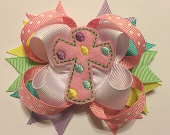 Pastel Easter Cross Hairbow - Embroidered Cross - Pastel Cross - Religious Hairbow - Spring Hairbow - Hairbows for Girls