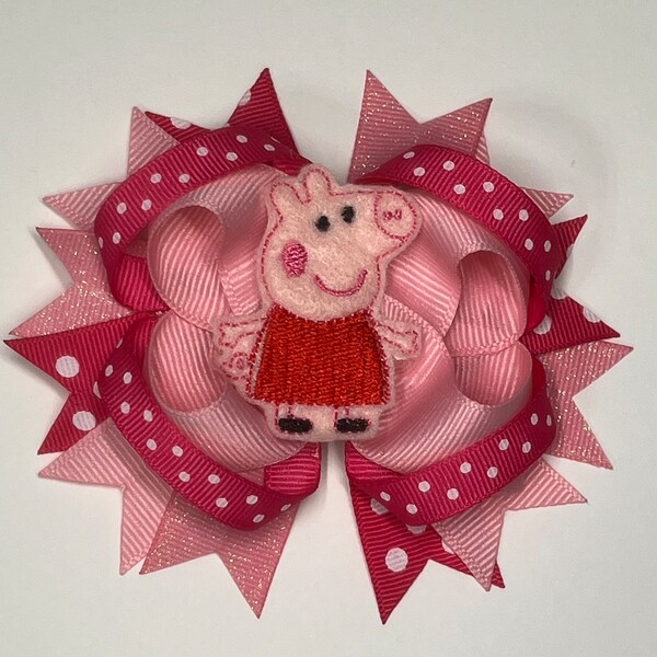 Loopy Polka dot  Pig Hairbow - Pig Hairbow - Pigs - Piggy - Pig Bow - Embroidered Pig - Pig Feltie - Toddler  Hairbows