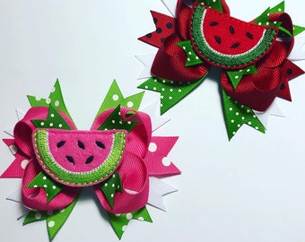 Sweet Felt Watermelon Bow - Red Watermelon Hairbow- pink watermelon bow - Watermelon Feltie - Embroidered watermelon hairbow- summer hairbow