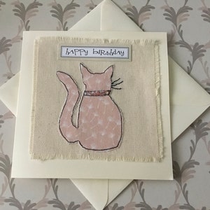 Handmade birthday card Cat lover greetings card Blank card Fabric appliqué and embroidery card