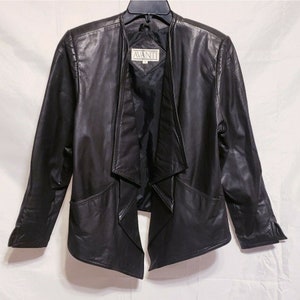 Vintage Avanti Black Leather Jacket Size Small Open Front Lined Pockets