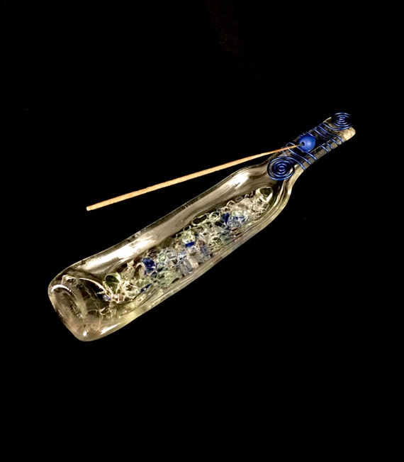 Items similar to Slumped Dessert Wine Bottle Incense Holder with Sea Glass Melted Inside on Etsy