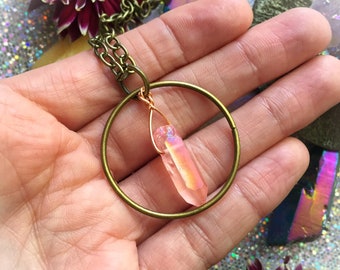 Pink Aura Quartz Hoop Necklace