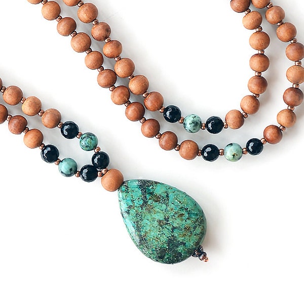 Jasper Sandalwood Mala Beads, African Turquoise 108 Mala Bead, Buddhist Mala Necklace, Yoga Meditation Beads, Wood Gemstone Mala