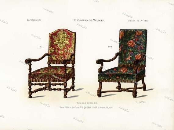 Original Antique 19th Century Hand colored French Furniture Lithographs - Chairs