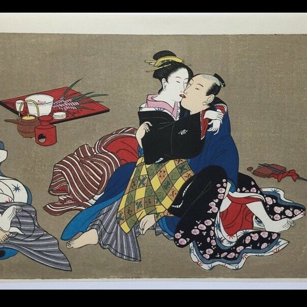 Japanese Woodblock Print Syunga Ukiyoe Kimono Kanzashi Kiseru Vintage Large folio size  22.5×32cm