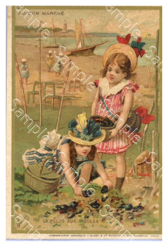 Antique Victorian Trade card chromo French children Au Bon Marche