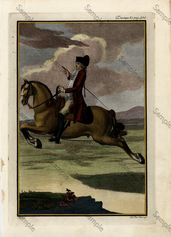 Antique Dressage Hand colored  Engraving Baron Rais d’Eisenberg Circa 1727