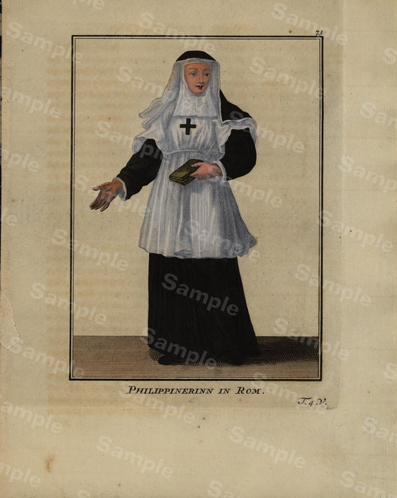 Rare Religious hand colored Decorative Art engraving Monastery Woman From The Order Of Cleaning Marie In Flanders dates 1754