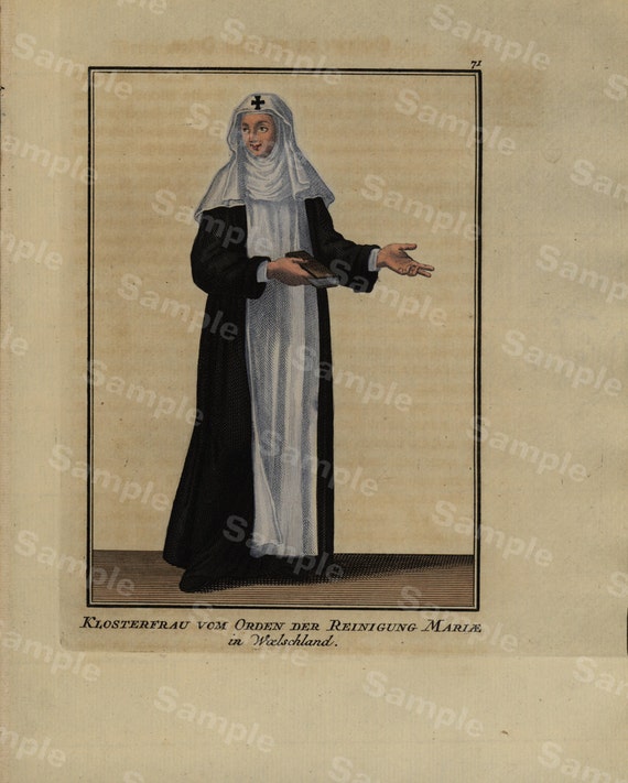 Rare Religious hand colored Decorative Art engraving Monastery Woman Order of the Cleaning Marie of Germany dates 1754