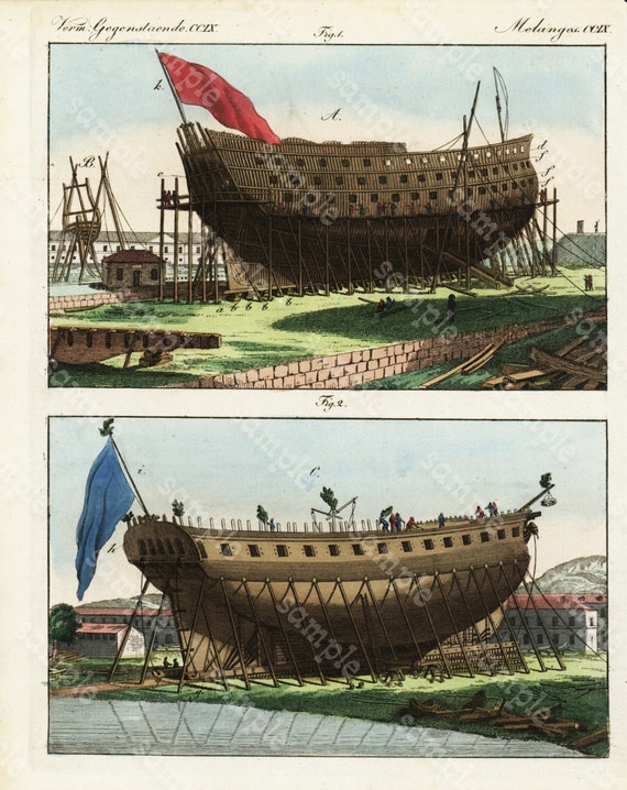 original Antique "Das Buch der Welt"  (The Book of the World) Hand Colored Print-  Ships - Boats - People Gorgeous print Rare.