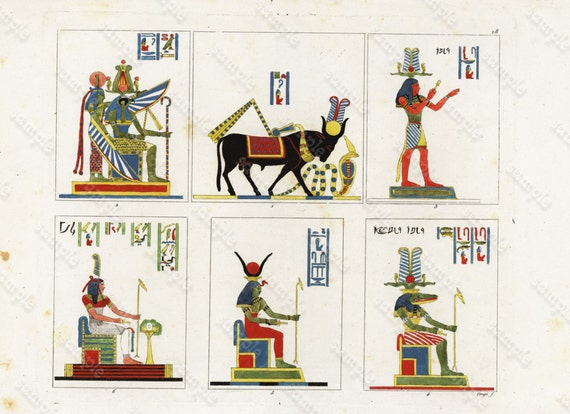 Antique original Hand colored  Engraving Egyptians Gods   dated 1825 - RARE