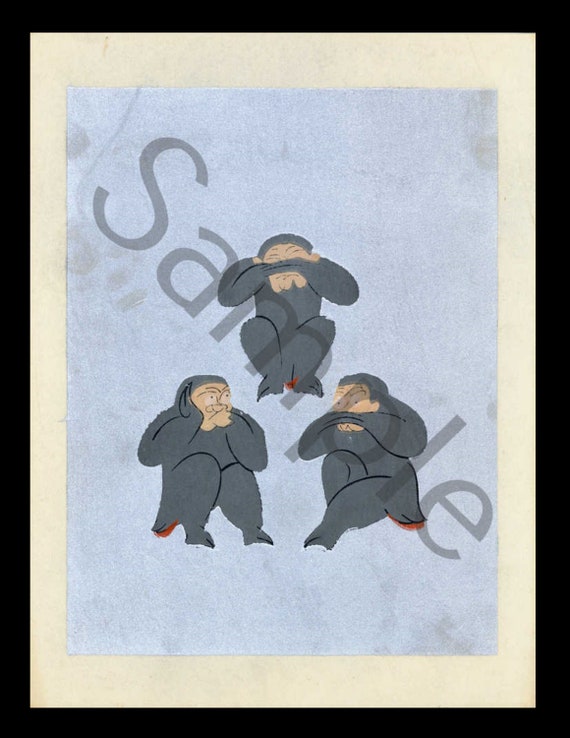 Vintage Japanese woodblock whimsical cartoon print Three Monkeys
