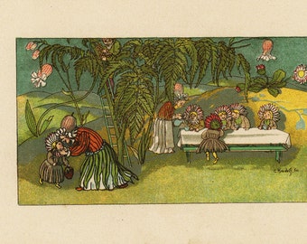 Antiker deutscher Märchen Druck nach einem alten Märchenbuch. Sehr schön fertig zum einrahmen. Familien Picknick