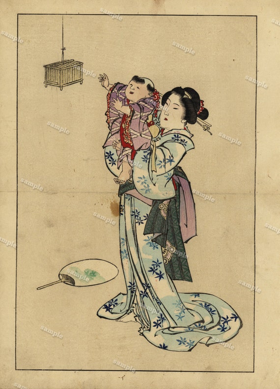Japanese mother with child Antique Woodblock print From  1900