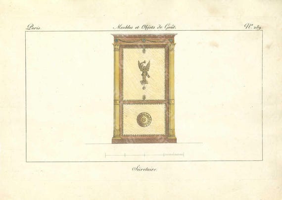 Original Antique Hand Colored Engraving,Furniture from Collection de Meubles et Objets de Goût by Pierre de La Mésangère (1761-1831)