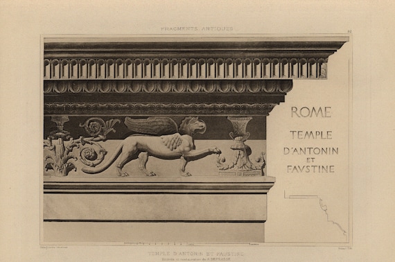 Original Architectural Engraving  Temple  Rome  -1905 D'Espouy,