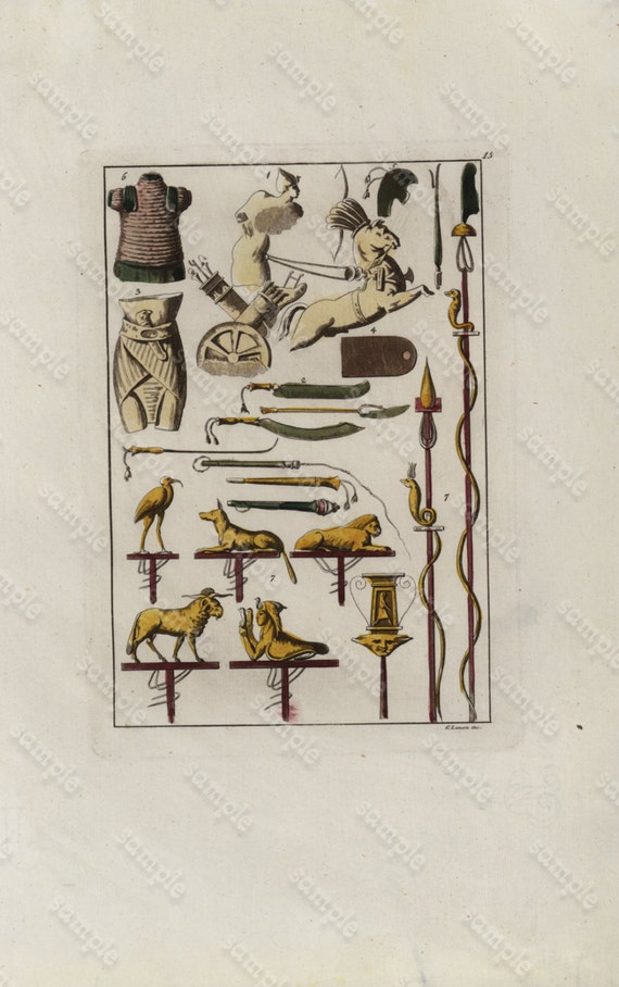 Antique original Hand colored  Engraving of Egyptian Weapons- Customes- Figures  dated 1825 - RARE