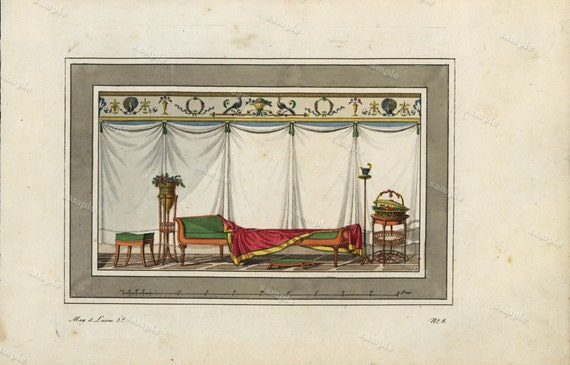 19th Century Original Antique Hand Colored Engraving  - Furniture engraving of Bed  decorative art art decor